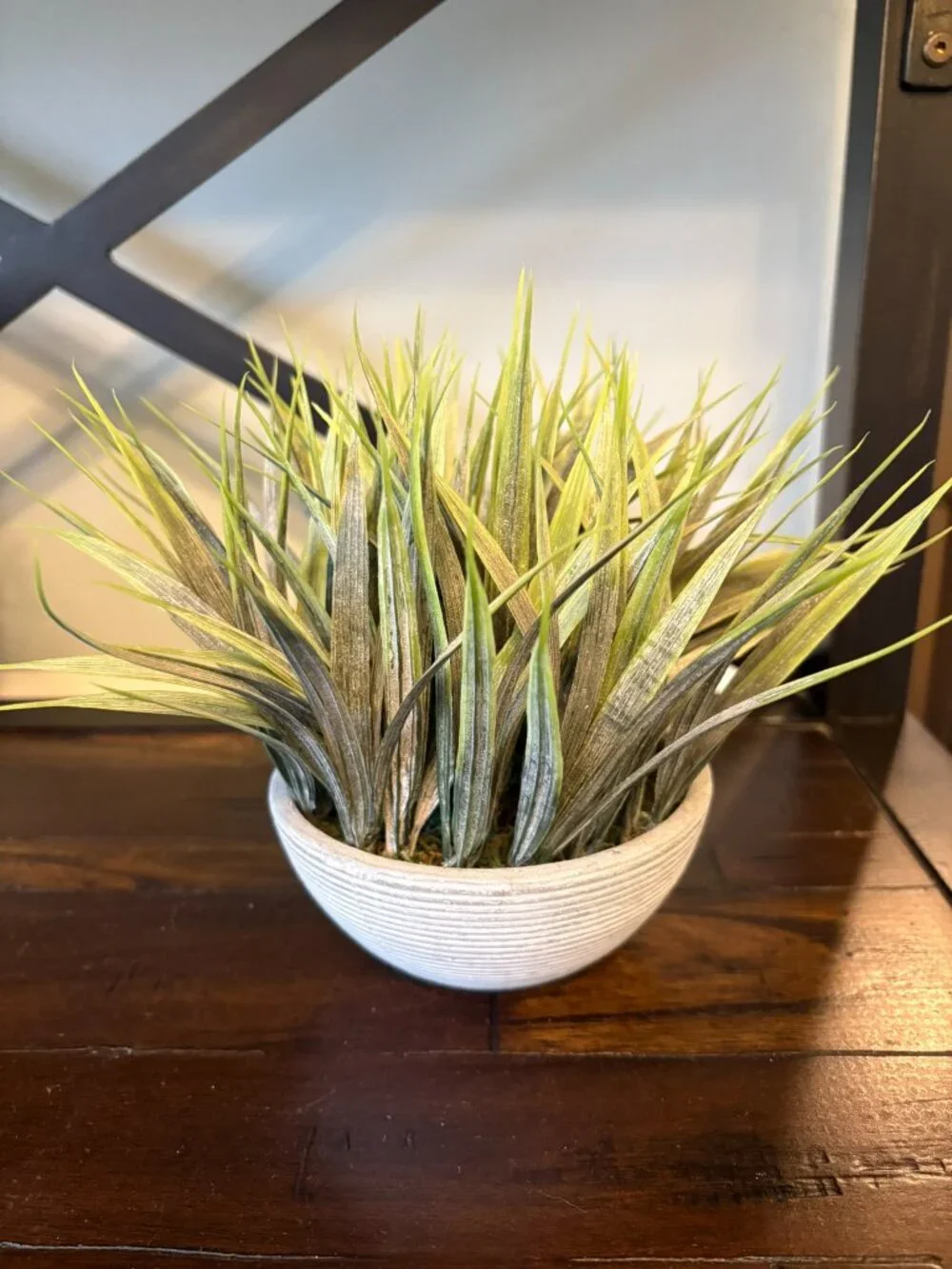 Cute Faux Tabletop Grass Plant in White Textured Ceramic Bowl Planter